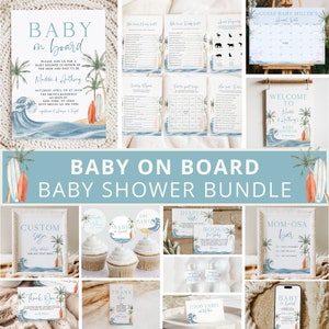 Baby on Board Baby Shower Invitation Bundle, Surfboard Baby Shower Bundle, Surfing Baby shower Invite, Baby Shower Decor, Template