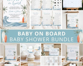 Baby on Board Baby Shower Invitation Bundle, Surfboard Baby Shower Bundle, Surfing Baby shower Invite, Baby Shower Decor, Template
