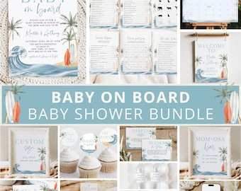 Baby on Board Baby Shower Invitation Bundle, Surfboard Baby Shower Bundle, Surfing Baby shower Invite, Baby Shower Decor, Template