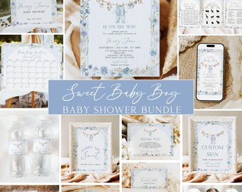 Sweet Baby Boy Baby Shower Bundle, A Sweet Baby Boy Is On The Way, Floral Stripe, Decorations, Welcome Sign, Games, Canva Templates