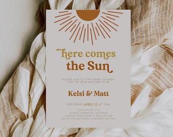 Here Comes the Sun Baby Shower Invitation, Sun Baby Shower Invitation, Sunshine Baby Shower Invitation Boy, Here Comes the Son, Editable