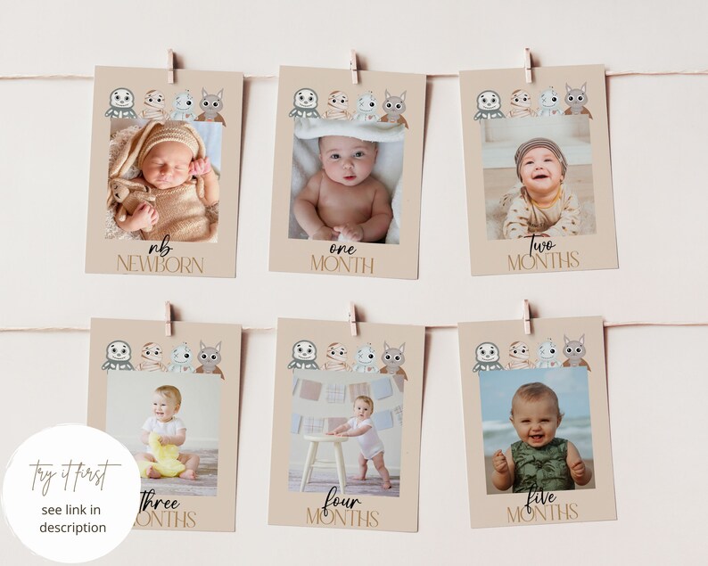 Op de afbeelding: Een set van zes beige fotokaarten met een bruin touwtje aan elke kaart. Elke kaart heeft een cartoonillustratie van een luiaard, een mummie en een kat. De kaarten zijn genummerd van pasgeborene tot vijf maanden. Elke kaart heeft een foto van een baby in het midden.