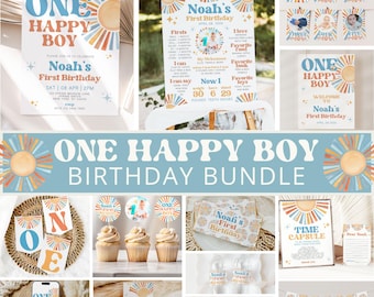 One Happy Boy Birthday Bundle, Sunshine 1st Birthday Bundle, Boy Birthday, Birthday Decorations, Canva Template