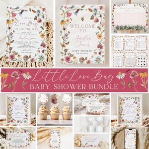 May include: A selection of baby shower stationery with a floral and butterfly design. Includes invitations, welcome signs, games, cupcake toppers, thank you cards, and other items. The text "Little Love Bug" is displayed.