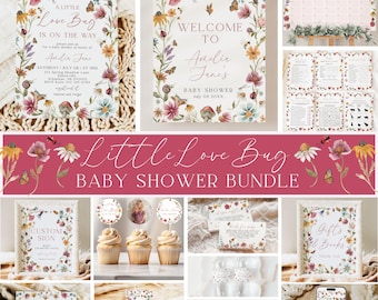 May include: A collection of baby shower stationery with a floral and butterfly theme. Includes invitations, welcome signs, games, cupcake toppers, thank you cards, and more. The text "Little Love Bug" is featured prominently.