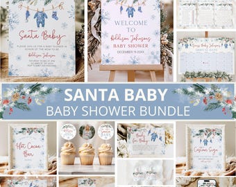 May include: A selection of baby shower decorations with a winter theme. The designs include invitations, signs, cupcake toppers, and labels. The colour scheme is blue, white, and red, with snowflake and baby clothes illustrations. The text reads "Santa Baby".