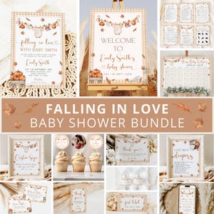 May include: A baby shower bundle with a fall theme. The bundle includes invitations, welcome signs, games, and cupcake toppers. The designs feature pumpkins, leaves, and a cow silhouette. The text "Falling in Love" and "Welcome to Emily Smith's baby shower" are visible.
