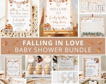 May include: A baby shower bundle with a fall theme. The bundle includes invitations, welcome signs, games, and cupcake toppers. The designs feature pumpkins, leaves, and a cow silhouette. The text "Falling in Love" and "Welcome to Emily Smith's baby shower" are visible.