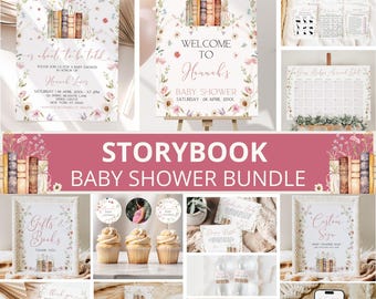 Könnte beinhalten: Ein Storybook Baby Shower Bundle mit Einladungen, Willkommensschildern und Spielen. Die Designs umfassen Blumenarrangements, Bücherstapel und den Text "Willkommen bei Hannah's Baby Shower". Das Bundle enthält verschiedene druckbare Artikel.
