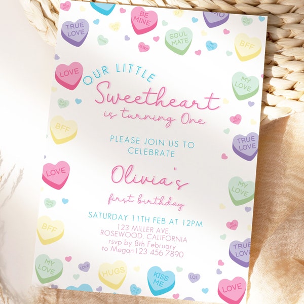 Conversation Hearts Birthday Invitation, Valentine Birthday Invite, Sweetheart Birthday Invite, Conversation Hearts, Editable Template