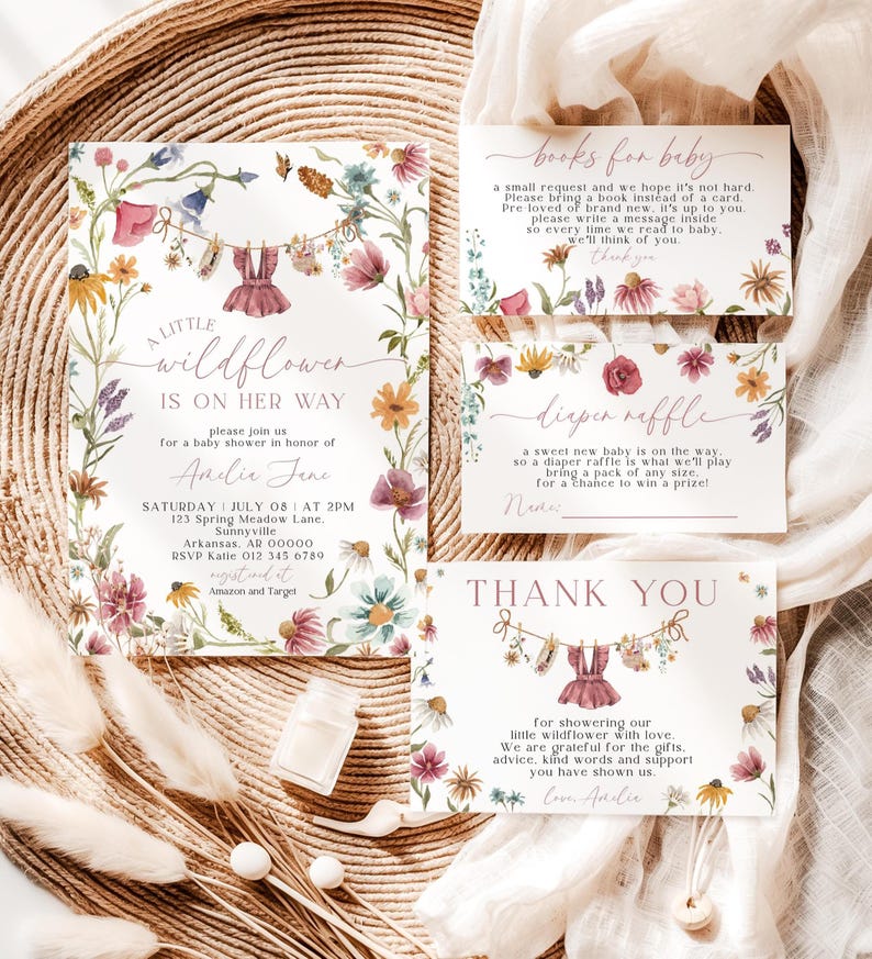 May include: A baby shower invitation suite with a floral design. The invitation and accompanying cards feature watercolor flowers and the text "A Little Wildflower Is On Her Way." The suite includes a request for books, a diaper raffle, and a thank you card.