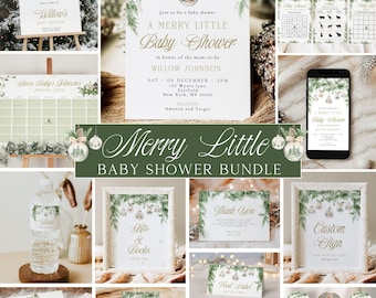Merry Little Baby Shower Bundle, Green and Gold Christmas Baby Shower, Winter Baby Shower, Baby Shower Decor, Canva