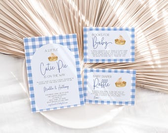 Invitación de baby shower de Cutie Pie azul, invitación de baby shower de otoño, niño, invitación de baby shower de pastel de calabaza, plantilla de Little Cutie Pie