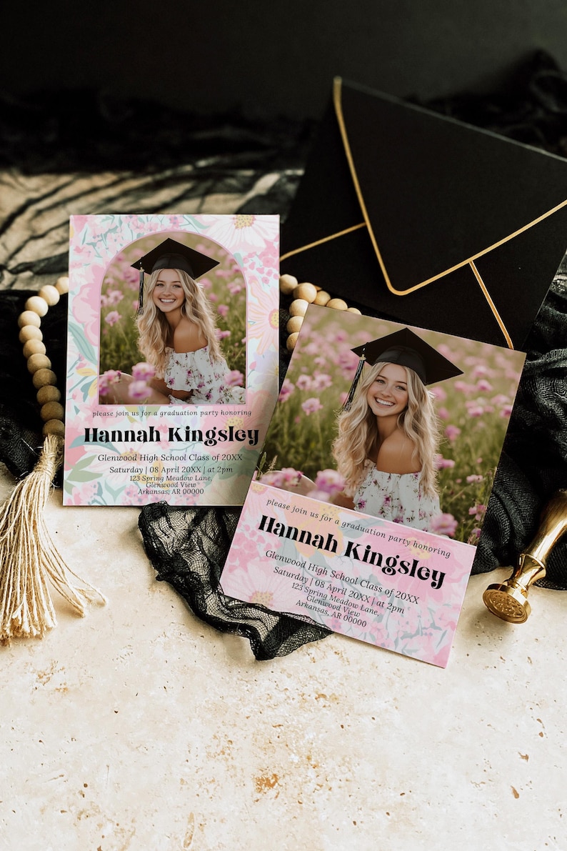 Class of 2026 Graduation Party Invitation, Graduation Suite, Graduation Announcement, Floral, Minimal, College Fund, Thank, Canva Template image 6