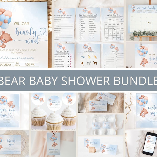 Bear Baby Shower Bundle, Blue Bear Baby Shower Invitation Bundle, Bearly Wait Bear Baby shower, Baby Shower Decor, Baby Shower Bundle