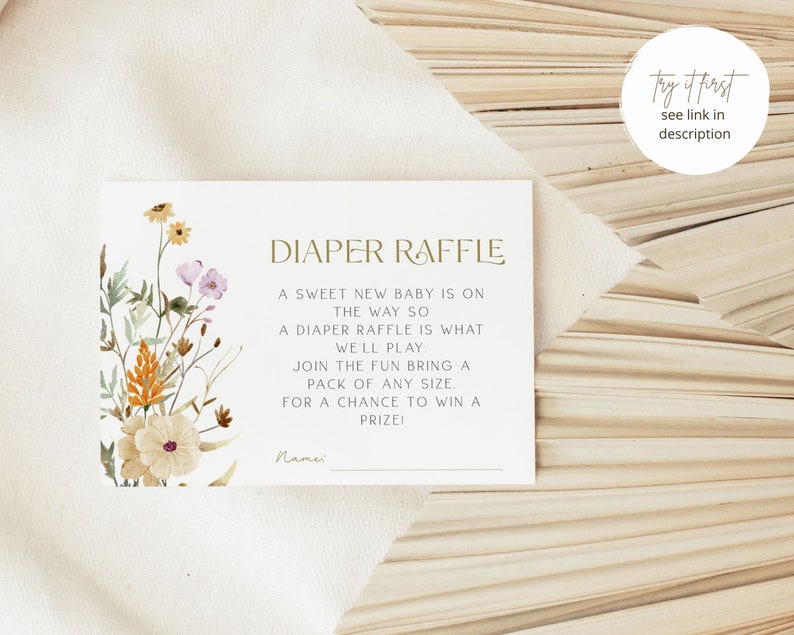 Spring Flowers Diaper Raffle Card, Wildflower Baby shower Diaper Raffle Card, Baby Shower Diaper Raffle Card, Editable Template image 2