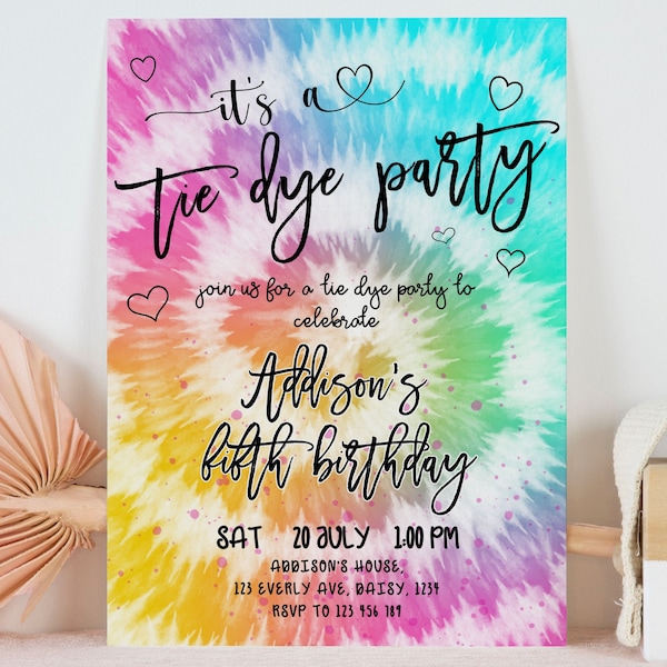 Tie Dye Birthday Invitation, Tie Dye Birthday Party Invitation, Summer Birthday Invite, Tie Dye Invitation, Tie Dye Party, Editable Instant