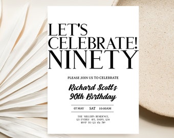 May include: Black and white birthday invitation with the text "Let's Celebrate! Ninety" and "Please join us to celebrate Richard Scott's 90th Birthday". The invitation includes the date, time, and location of the event.