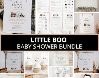 Op de afbeelding: Een babyborrelpakket met Halloween-thema met een verscheidenheid aan afdrukbare items, waaronder uitnodigingen, spelletjes, voedseletiketten en borden. Het thema is "Little Boo" en bevat een schattige illustratie van een spook en een ketel.