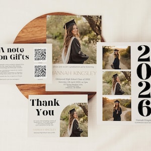 Zaproszenie na przyjęcie z okazji ukończenia szkoły w 2026 roku, Zestaw na zakończenie studiów, Ogłoszenie o ukończeniu studiów, Nowoczesny, Minimalistyczny, Fundusz na studia, Podziękowania, Szablon Canva