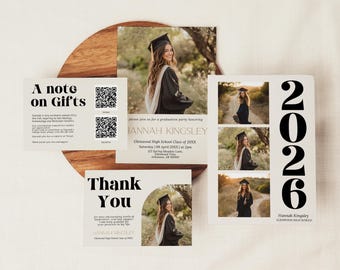 Class of 2026 Graduation Party Invitation, Graduation Suite, Graduation Announcement, Modern, Minimal, College Fund, Thank, Canva Template