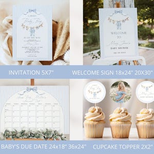 Pu&ograve; includere: Un set di cancelleria per baby shower con motivo a righe azzurre e bianche, un fiocco blu e un'illustrazione di un filo per il bucato. Include un invito 12,7x17,8 cm, un cartello 45,7x61-61x91,4 cm, un calendario 61x45,7-91,4x61 cm e topper per cupcake 5x5 cm.