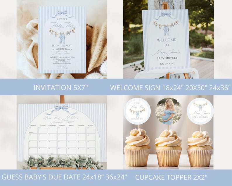 Pu&ograve; includere: Un set di cancelleria per baby shower con motivo a righe azzurre e bianche, un fiocco blu e un'illustrazione di un filo per il bucato. Include un invito 12,7x17,8 cm, un cartello 45,7x61-61x91,4 cm, un calendario 61x45,7-91,4x61 cm e topper per cupcake 5x5 cm.
