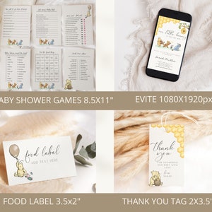 May include: A Winnie the Pooh themed baby shower party supplies set. The set includes 25 baby shower games, a food label, a thank you tag, and an Evite invitation. The games are printed on 8.5x11 inch paper, the food label is 3.5x2 inches, the thank you tag is 2x3.5 inches, and the Evite invitation is 1080x1920 pixels.