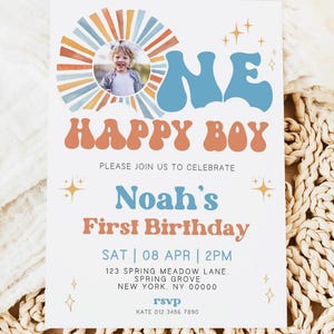 One Happy Boy 1st Birthday Invitation, One Happy Boy Birthday Invite, Happy Boy Birthday Invitation, Sun  1st Birthday Invite, Canva