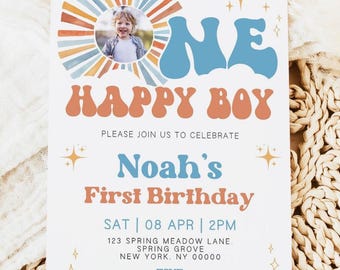 One Happy Boy 1st Birthday Invitation, One Happy Boy Birthday Invite, Happy Boy Birthday Invitation, Sun  1st Birthday Invite, Canva