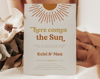 Here Comes the Sun Baby Shower Invitation, Sun Baby Shower Invitation, Sunshine Baby Shower Invitation Boy, Here Comes the Son, Editable