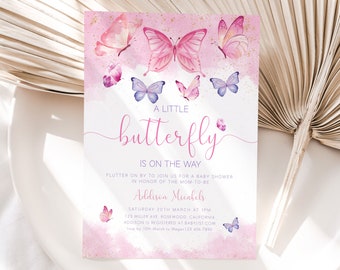 May include: A pink and white baby shower invitation with a watercolor butterfly design. The text reads "A Little Butterfly is on the Way" and includes the name "Addison Michaels" and details for the shower.