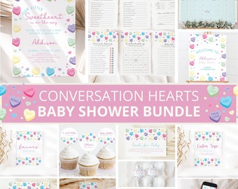 Conversation Hearts Baby Shower Invitation Bundle, Valentine Baby Shower Invite, Candy Hearts, Conversation hearts Shower Decor, Templates