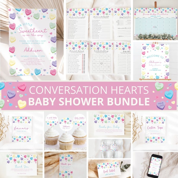 Conversation Hearts Baby Shower Invitation Bundle, Valentine Baby Shower Invite, Candy Hearts, Conversation hearts Shower Decor, Templates