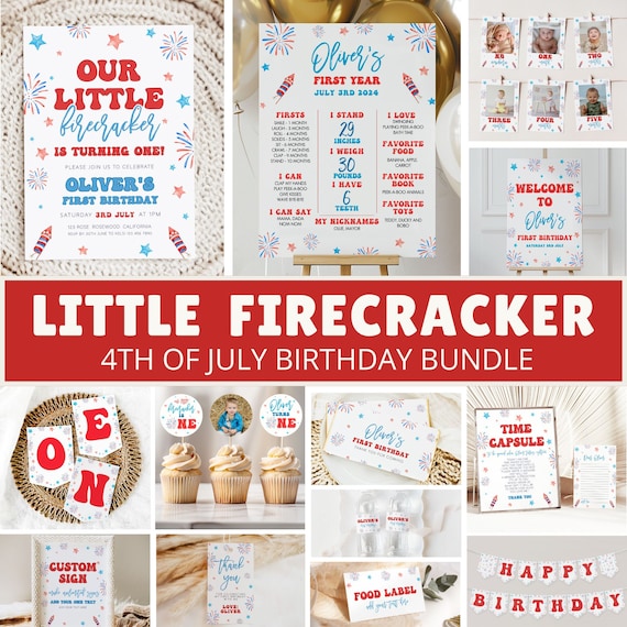 Little Firecracker 1st Birthday Bundle, Firecracker 1st Birthday Bundle, Little Firecracker Birthday Invitation, 4th of July, Template