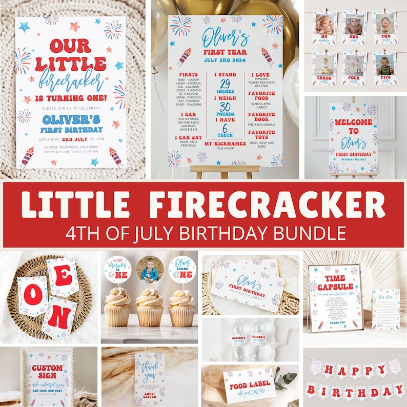 May include: A printable 4th of July birthday party bundle for a baby boy. The bundle includes a welcome sign, a custom sign, a time capsule, a food label, a thank you card, cupcake toppers, a first year milestone poster, a photo booth backdrop, and a banner that says "Happy Birthday". The design features red, white, and blue colors with a fireworks theme.