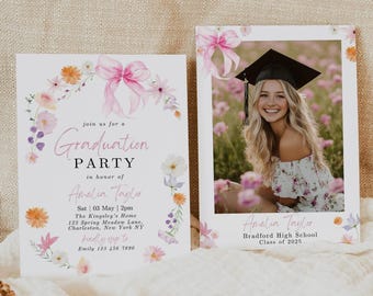 Invitación a fiesta de graduación con flores silvestres, plantilla de invitación de graduación en tonos pastel, anuncio de graduación, invitación de graduación, Canva
