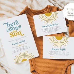 Hier kommt der Sohn-Babyparty-Einladung, Sonne-Babyparty-Einladung, Sonnenschein-Baby-Dusche-Junge, hier kommt die Sonne, Blau und Gelb Bild 2