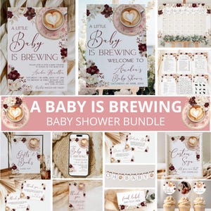 Pode incluir: Um pacote de chá de bebê com tema de xícara de café e flores. O pacote inclui convites, uma placa de boas-vindas, jogos, uma placa personalizada, toppers de cupcake e uma faixa que diz "Oh Baby".