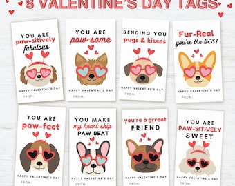 Op de afbeelding: Acht printbare Valentijnsdag-cadeauetiketten met schattige cartoon-honden die hartvormige zonnebrillen dragen. Elke etiket heeft een andere Valentijnsdag-boodschap, zoals "Je bent absoluut fantastisch" en "Je laat mijn hart sneller kloppen".