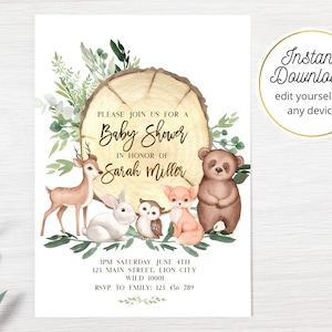 Woodland Baby Shower Invitation, Woodland Baby Shower, Forest Animals Baby Shower Invite