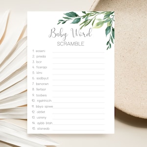 Baby Shower Word Scramble Game Printable, Greenery Baby Shower Game Printable PDF 5x7