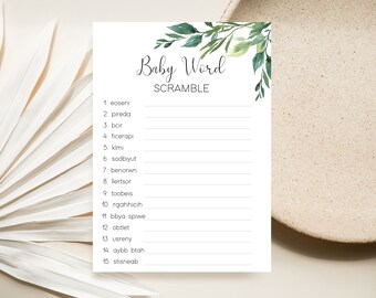 Baby Shower Word Scramble Game Printable, Greenery Baby Shower Game Printable PDF 5x7