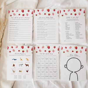 Pode incluir: Um conjunto de cartões de jogo de chá de bebê imprimíveis com um padrão de morango. Os jogos incluem "Quão bem você conhece a mamãe", "Quem conhece melhor o papai", "O que está na sua bolsa", "Gravidez animal", "Bingo dos convidados" e "Desenhe um bebê".