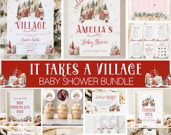 May include: A baby shower stationery bundle featuring a winter village theme with red houses and snow-covered trees. Includes invitations, welcome signs, games, cupcake toppers, food labels, and thank you cards with red and dark text on white paper.