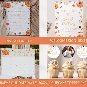 K&ouml;nnte beinhalten: Ein Set mit druckbaren Babyparty-Dekorationen mit K&uuml;rbis-Motiv. Das Set beinhaltet eine Einladung, ein Willkommens-Schild, einen Kalender zum Erraten des Geburtstermins und Cupcake-Topper. Die Farben sind Orange, Wei&szlig; und Braun.