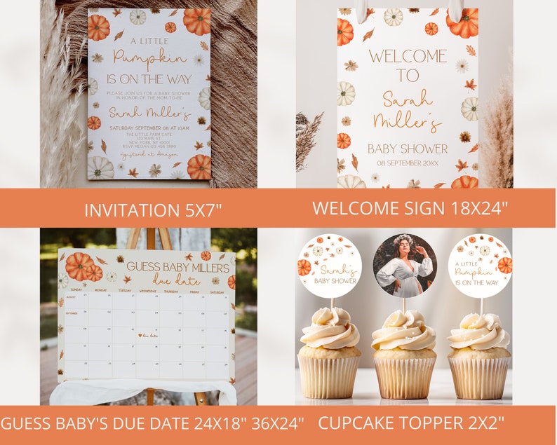 K&ouml;nnte beinhalten: Ein Set mit druckbaren Babyparty-Dekorationen mit K&uuml;rbis-Motiv. Das Set beinhaltet eine Einladung, ein Willkommens-Schild, einen Kalender zum Erraten des Geburtstermins und Cupcake-Topper. Die Farben sind Orange, Wei&szlig; und Braun.