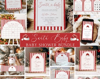 Santa Baby Shower Bundle, Stripe Santa Hat Baby Shower, Christmas Baby Shower, Winter Baby Shower, Baby Shower Decor, Canva