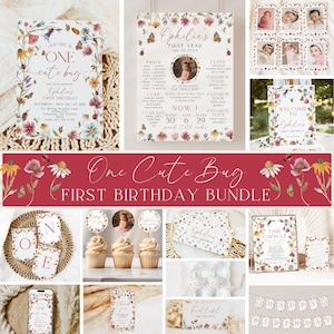 May include: A selection of floral-themed first birthday party decorations. Includes invitations, a milestone board, cupcake toppers, and a banner. The text "One Cute Bug" and "First Birthday Bundle" are visible.