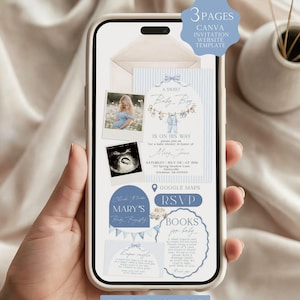 Peut inclure: Un modèle d'invitation numérique pour baby shower affiché sur un écran de smartphone, avec un motif à rayures bleu clair, une illustration de vêtements de bébé, un espace photo, une échographie, un bouton RSVP et des liens de registre.